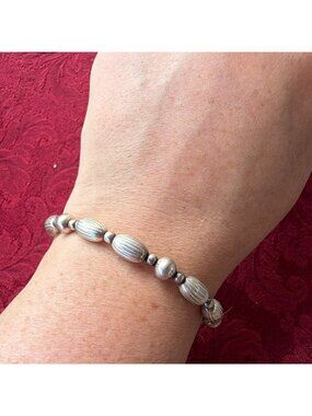 Vintage Italy 925 Sterling Silver Fluted Melon Rice Bead Bracelet 7.5" 10.5g